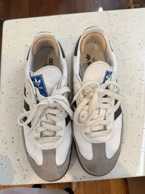 adidas White Sneakers with Black Stripes and Gray Suede